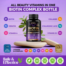 Load image into Gallery viewer, Biotin | Collagen | Hyaluronic Acid | Keratin - Support Normal Hair Growth Cycle, Skin &amp; Nails - Clinically Tested - 25000mcg Vitamins B1, B2, B3, B6 &amp; B7 - for Women &amp; Men - Made in USA | 60 Capsules
