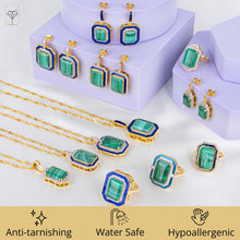 Load image into Gallery viewer, MAX + STONE 9.6 Carat Big Malachite Gemstone Ring with Blue Enamel | 14K Gold over Sterling Silver Green Malachite Rings for Women | Hypoallergenic May Birthstone Malachite Statement Ring
