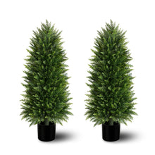 Load image into Gallery viewer, 3FT Artificial Cedar Topiary Trees (2 Pack) - UV Resistant Fake Evergreen Shrubs with Extra Dense Foliage, Realistic Potted Faux Plants for Front Porch &amp; Garden Decor
