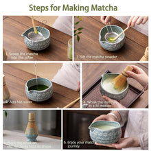 Load image into Gallery viewer, Buucup Matcha Whisk Set, Ceramic Matcha Set Includes Matcha Bowl, Matcha Whisk and Holder, Bamboo Scoop, Scoop Rest, Sifter and Tea Towel - 7 Pcs Matcha Kit for Matcha Lovers (Blue)
