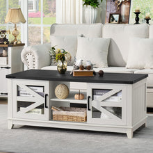 Load image into Gallery viewer, Joaxswe 48" Farmhouse Coffee Table with Storage and Glass Sliding Barn Doors Modern Industrial Center Table with Adjustable Shelves Rustic Rectangular Table for Living Room, White-Double Sided Design
