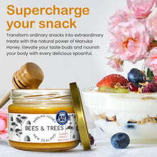 Load image into Gallery viewer, Bees &amp; Trees Manuka Honey 830+ MGO – New Zealand Pure Monofloral, Raw, Bioactive – Unpasteurized Superfood for Wellness – Bioactive, Nutrient-Packed for Immunity &amp; Vitality - 300g (10.6oz) Glass Jar
