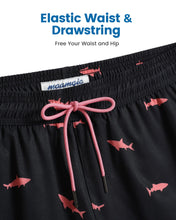 Load image into Gallery viewer, maamgic Mens Swim Trunks with Compression Liner 5" Stretch Beach Shorts Quick Dry with Zipper Pockets No-Chafing Board Shorts Black-Pink Shark M
