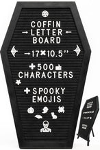Load image into Gallery viewer, Coffin Letter Board Black With Spooky and All Seasons Emojis +500 Characters, and Wooden Stand - 17x10.5 Inches - Halloween Decorations Gothic Decor Spooky Gifts
