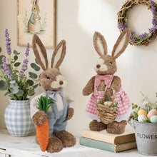 Load image into Gallery viewer, DR.DUDU Set of 2 Easter Decorations for Home- 14" Sisal Bunny Figurines with Carrot &amp; Egg, Spring Straw Bunny Couple Farmhouse Centerpieces for Tables, Easter Rabbits Decor
