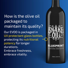 Load image into Gallery viewer, Blueprint Bryan Johnson Extra Virgin Olive Oil - Cold Pressed Polyphenol Rich EVOO (over 400 mg/kg), Smooth Peppery Flavor, Keto &amp; Paleo Friendly, 3rd Party Verified, Single Source, 750ml Glass Bottle
