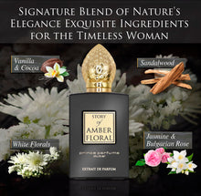 Load image into Gallery viewer, The Story of Amber Floral by Prince Parfums Dubai - 3.4 Ounces Women's Extrait de Parfum - Enchanting Essence of White Florals, Jasmine, &amp; Bulgarian Rose - Luxurious Vanilla &amp; Sandalwood Symphony
