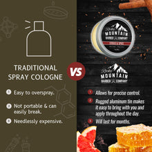Load image into Gallery viewer, Rocky Mountain Barber Company Solid Cologne for Men – Citrus &amp; Spice Scent – 2 Oz Size - Made with Coconut Oil, Shea Butter - Long-Lasting Scent
