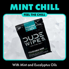 Load image into Gallery viewer, DUDE Wipes - On-The-Go Flushable Wipes - 2 Pack, 60 Wipes - Mint Chill Extra-Large Individually Wrapped Adult Wet Wipes with Eucalyptus &amp; Tea Tree Oil - Septic and Sewer Safe
