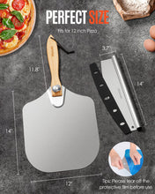 Load image into Gallery viewer, Pizza Peel Aluminum Pizza Spatula, Mooues 12 inch Metal Pizza Paddle(12"x 14")with Rocker Cutter Foldable Wood Handle, [Storage bag included], for Family Pizza Oven Baking Pizza, Dough, Bread &amp; Pastry
