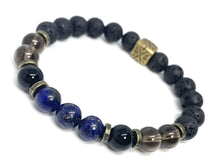 Load image into Gallery viewer, Gemstone Healing Bracelet, Holistic Crystals, Size Medium 7.5", Unisex Stretch, Natural Oil Diffuser with Lava Rock Beads, Gift For Men (Lapis, Black Onyx, Smokey Quartz)
