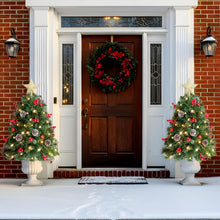 Load image into Gallery viewer, OasisCraft 33 Inch Outdoor Christmas Tree Frosted Urn Filler 2 Set, Pre-lit Artificial Xmas Tree with 50 LED Lights, Realistic Carolina Pine and Berries for Pathway, Porch, Driveway, Yard
