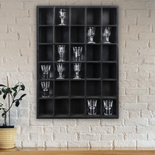 Load image into Gallery viewer, GSM Brands Shot Glass Display Case, Black Wood, Holds Set of 30 Glasses (16.7 x 12.2 - Each Opening Measures 2.52 x 2.13)
