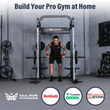 Load image into Gallery viewer, Major Fitness Drone2 Premium Smith△ Machine, All-in-One Home Gym Squat Rack with Aluminum Pulley Set, Weight Bar (BK D2AW Package(with Red Bench+230lb))
