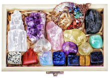 Load image into Gallery viewer, AtPerry's 16 LARGE Natural Healing Crystals Set in Wooden Box - Tumbled, Rough &amp; Raw Crystals, Including Selenite Tower, Black Tourmaline, Amethyst, Rose Quartz, Lapiz Lazuli, Citrine &amp; Tiger's Eye
