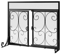 Load image into Gallery viewer, Calidola Flat Fireplace Screen with Doors, Wrought Iron Frame with Metal Mesh, Flat Panel Decorative Fireplace Screen with Scroll Design, Free Standing Spark Guard
