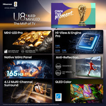 Load image into Gallery viewer, Hisense 55" Class U8 Mini-LED ULED 4K UHD Google Smart TV (55U8QG, 2025 Model) - QLED, Native 165Hz, VRR 288, Up to LD5600, 5000 Nits, HDR10+, Dolby Vision IQ · Atmos, IMAX Enhanced, 4.1.2 Ch Audio
