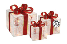 Load image into Gallery viewer, 3-Piece Lighted Gift Boxes - Pre Lit Christmas Decoration with Ribbons for Indoor/Outdoor Use (8in) - Weather Resistant Yard Home Decor with Warm UL Lights
