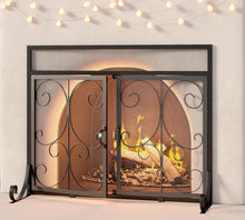 Load image into Gallery viewer, Calidola Flat Fireplace Screen with Doors, Wrought Iron Frame with Metal Mesh, Flat Panel Decorative Fireplace Screen with Scroll Design, Free Standing Spark Guard
