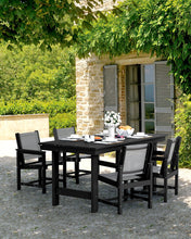 Load image into Gallery viewer, SERWALL Patio Dining Sets for 6, Outdoor HDPE Dining Set with Umbrella Hole Cut-Out Table and 6 Woven Chairs, Black
