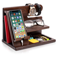Load image into Gallery viewer, TESLYAR Wood Phone Docking Station for Men - Desk or Nightstand Organizer - Birthday Gifts for Husband or Dad - Anniversary Idea from Wife - Key Holder, Stand Wallet, Watch &amp; Essentials (Brown)
