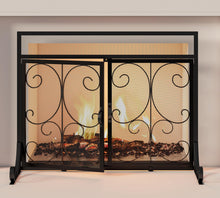 Load image into Gallery viewer, Calidola Flat Fireplace Screen with Doors, Wrought Iron Frame with Metal Mesh, Flat Panel Decorative Fireplace Screen with Scroll Design, Free Standing Spark Guard

