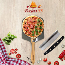 Load image into Gallery viewer, THE PERFECT PIE Premium Pizza Peel 12" x 14" Aluminum Pizza Paddle with Foldable Handle for Storage and 14” Rocker Cutter with Protective Cover. Gourmet Spatula and Cutter Set for Homemade Pizza.
