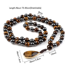 Load image into Gallery viewer, 8mm Tiger Eye Stone Necklace Drop Pendant Handmade Knotted Irregular Hematite Beaded Necklaces Health Protection Mala Jewelry
