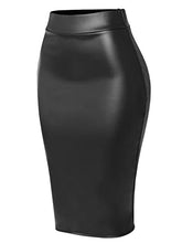 Load image into Gallery viewer, MixMatchy Women's Solid High Waist Knee Length Back Split Faux Leather Skirt Black M
