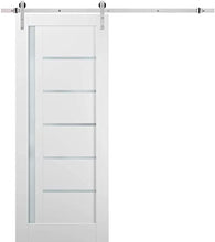 Load image into Gallery viewer, Sliding Barn Door 36 x 84 with Stainless Steel 6.6ft Hardware | Quadro 4088 White Silk with Frosted Opaque Glass | Top Mount Rail Hangers Sturdy Silver Set | Lite Wooden Solid Panel Interior Doors
