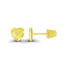 Load image into Gallery viewer, Solid 14K Yellow Gold Diamond Cut Heart Shaped Screw Back Stud Earrings | 14K Hypoallergenic ScrewBacks | Fine Jewelry | Solid Gold Stud Earrings for Women and Teens
