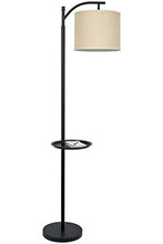 Load image into Gallery viewer, Kira Home York 63" Minimalist Tray LED Floor Lamp (7W LED, Energy Efficient/Eco-Friendly) + Honey Beige Shade - Modern Standing Arc Light with Hanging Lamp Shade, Black Finish
