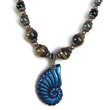Load image into Gallery viewer, 22" Carved Pyrite Ammonite Pendant Necklace, Tiger Eye Womens Mens Jewelry, Titanium Blue, Antiqued Copper
