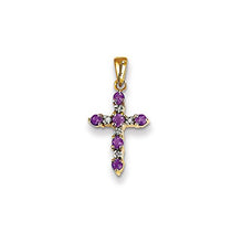 Load image into Gallery viewer, Solid 14k Yellow Gold Amethyst Purple February Gemstone and Diamond Cross Pendant Charm - 22mm x 11mm (.05 cttw.)
