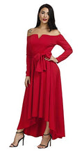 Load image into Gallery viewer, Women Off Shoulder Dress - Elegant Long Sleeve Formal Party High Low Maxi Dress with Belt Red XL
