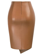 Load image into Gallery viewer, Kate Kasin Zipper Business Casual Leather Pencil Skirts for Women Side Wrap Knot Knee Length High Waist Elegant Skirts Brown M
