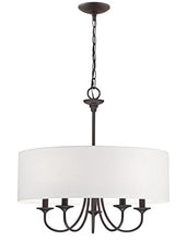 Load image into Gallery viewer, Kira Home Quinn 21" Traditional 5-Light Chandelier + White Linen Drum Shade, Oil-Rubbed Bronze Finish
