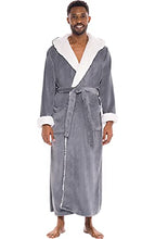 Load image into Gallery viewer, Alexander Del Rossa Men’s Robe, Big and Tall Plush Fleece Hooded Bathrobe with Two Large Front Pockets and Tie Closure, Steel Gray with Sherpa, Small-Medium
