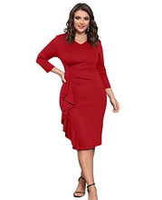 Load image into Gallery viewer, Women's Ruffle Bodycon Work Dress V Neck Ruched Business Office Cocktail Party Tight Sheath Dresses Red L
