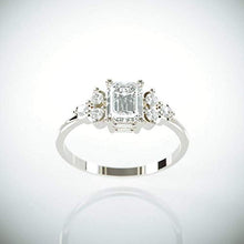 Load image into Gallery viewer, Emerald Cut Moissanite Engagement Ring | White Gold Engagement Ring set with 1ct C&amp;C F1 Moissanite and Diamonds
