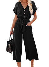 Load image into Gallery viewer, ROSKIKI Women's V-Neck Short Sleeve Button Pocketed Wide Leg Jumpsuits Romper with Belt
