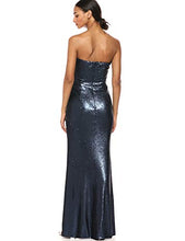 Load image into Gallery viewer, Dress the Population Women's Ellen Strapless Dress Solid Crepe Long Gown W Slit, Navy Sequin, L
