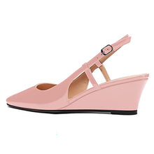 Load image into Gallery viewer, MODENCOCO Women's Pink Patent Wedge Low Heel Buckle Square Toe Slingback 2 Inch Pumps Shoes Size 11 - Sandalias de Tacon Bajo para Mujer
