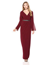 Load image into Gallery viewer, Adrianna Papell Women's Beaded Waistline Chiffon Long Sleeve Knit Crepe Dress, Garnet, 4
