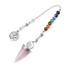 Load image into Gallery viewer, Jovivi Natural 7 Chakra Healing Crystals Pendulum for Dowsing Divination Rose Quartz Pointed Cone Gemstone Reiki Pendulum Pendant with OM Charm Chain
