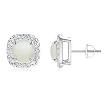 Load image into Gallery viewer, June Birthstone - Claw-Set Moonstone and Diamond Cushion Halo Stud Earrings in 14K White Gold (7mm Moonstone)
