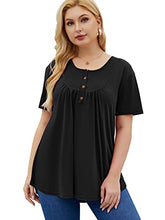 Load image into Gallery viewer, JIOTANG Women's Plus Size Tops Henley Shirts for Women V Neck Buttons Up Pleated Tunic Tops(Black,14Plus)

