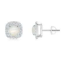 Load image into Gallery viewer, June Birthstone - Claw-Set Moonstone and Diamond Cushion Halo Stud Earrings in Platinum (6mm Moonstone)

