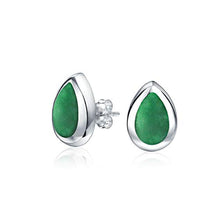 Load image into Gallery viewer, Simple Semi Precious Gemstone Teardrop Pear Shaped Green Agate Simulated Jade Bezel Set Stud Earrings For Women 925 Sterling Silver
