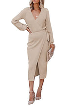 Load image into Gallery viewer, Cutiefox Womens V Neck Bodycon Sweater Dress Tie Waist Long Sleeve Slit Wrap Rib Knit Dresses Khaki L

